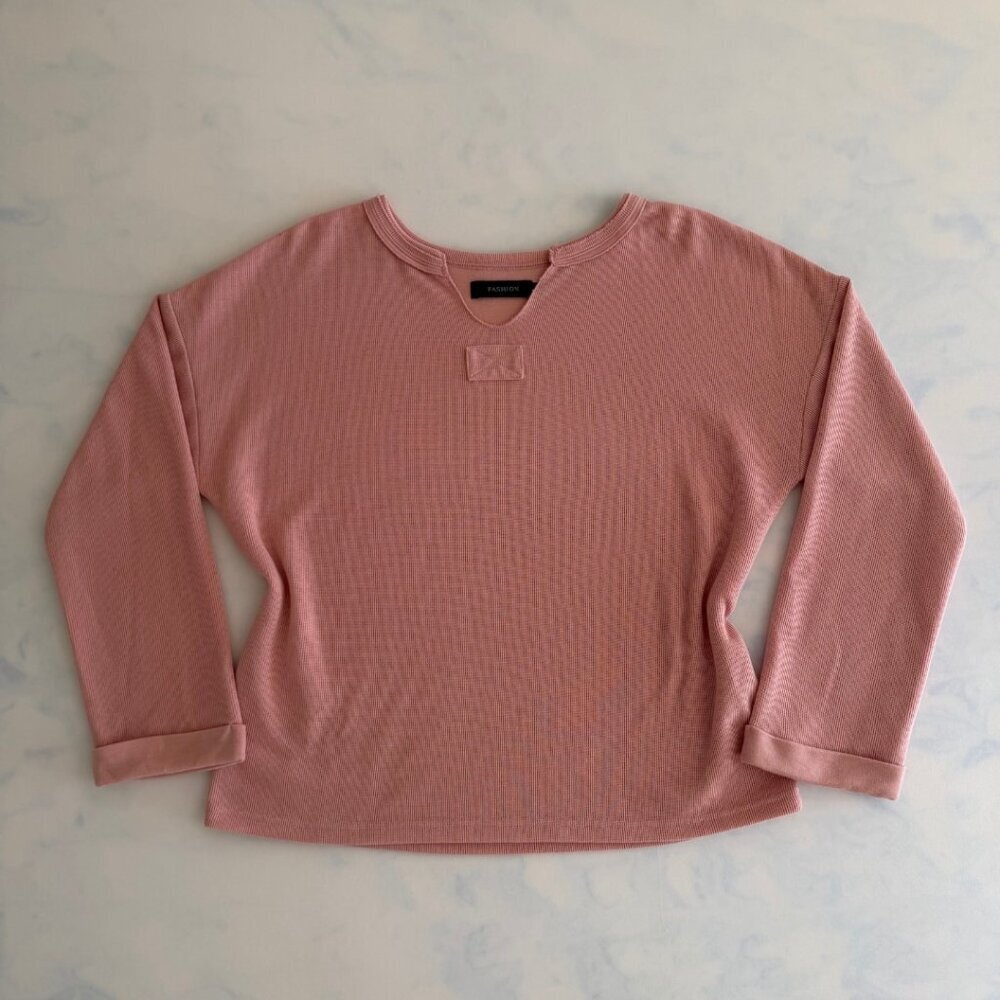 Dusty Pink Ribbed Long Sleeve 2 Piece Top & Drawstring Shorts Pajama Set - Picture 3 of 8